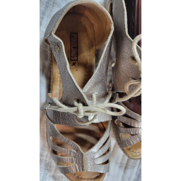 Pikolinos Metallic Leather Lace Up Sandals Size 41 Silver Gold Comfort Shoes - Picture 7 of 11